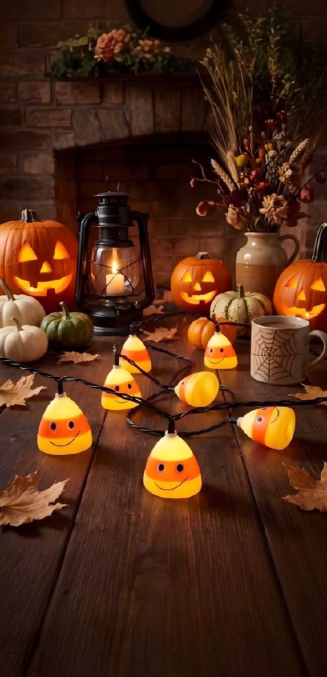 some pumpkins are sitting on a table with candles in the shape of smiley faces Halloween Candle black