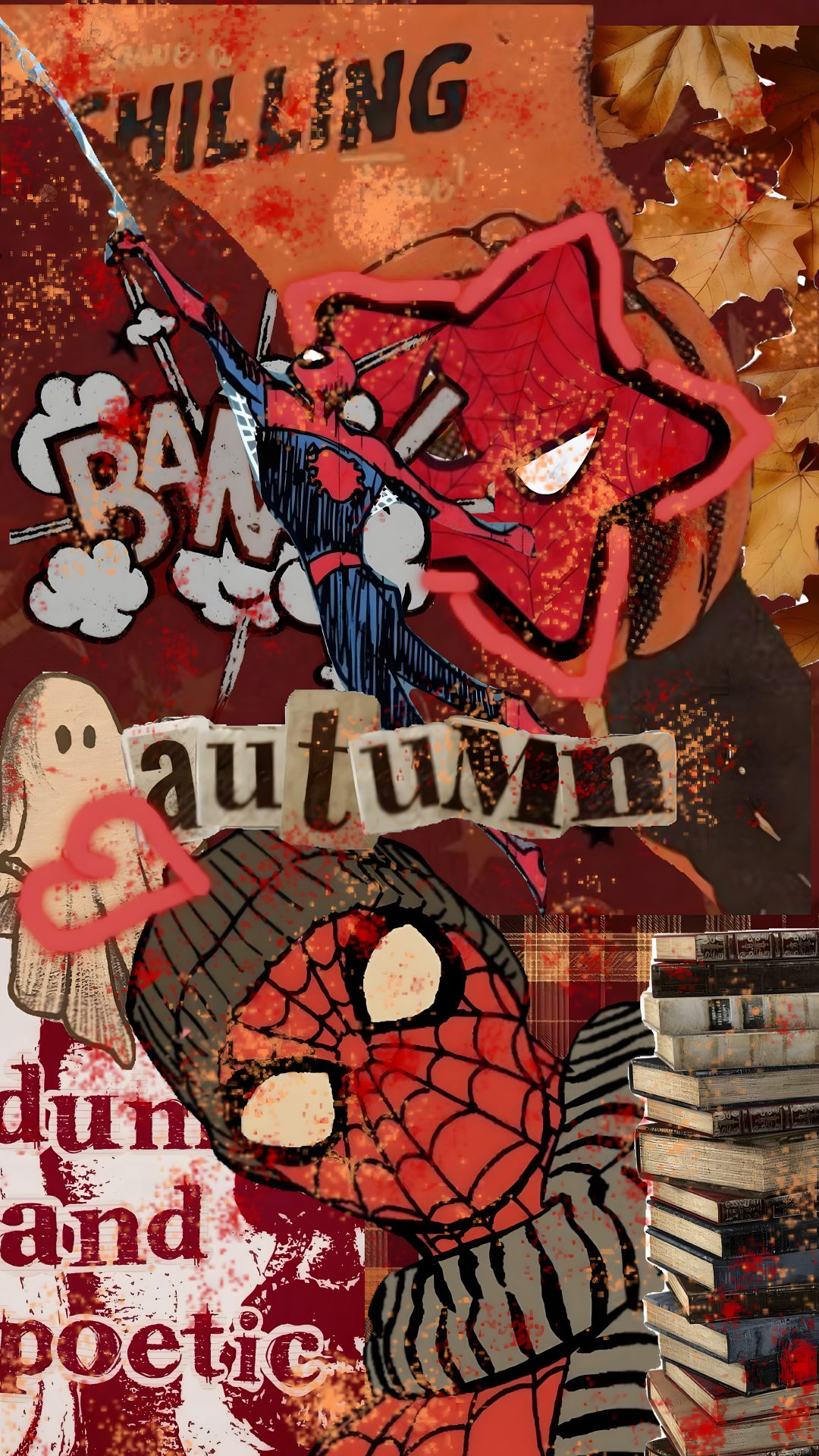 a collage of various images with words and pictures on them, including an image of a spiderman Halloween Spiderman saddle brown