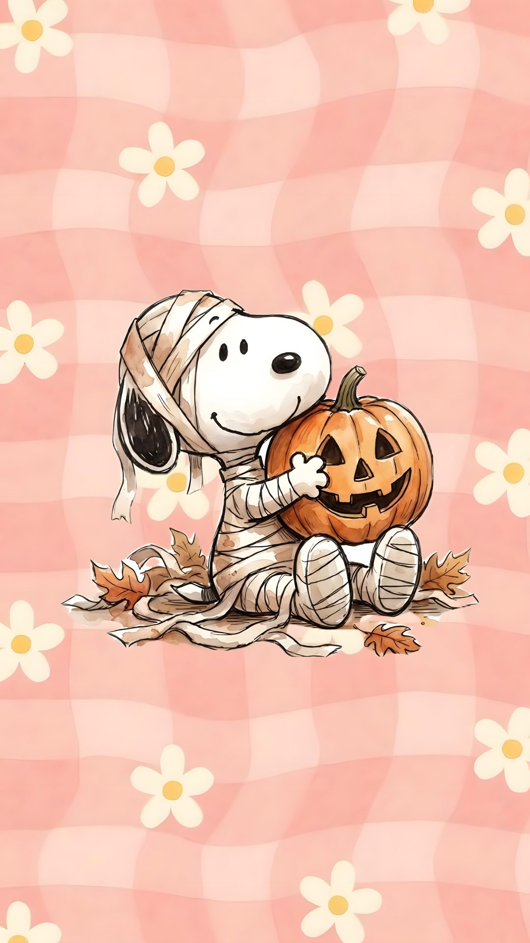 a cartoon dog holding a pumpkin in its paws Pink Snoopy Halloween peach puff