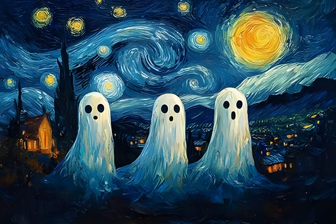 three ghostly ghostes in front of a starry night Van Gogh Starry Night Halloween dark slate gray