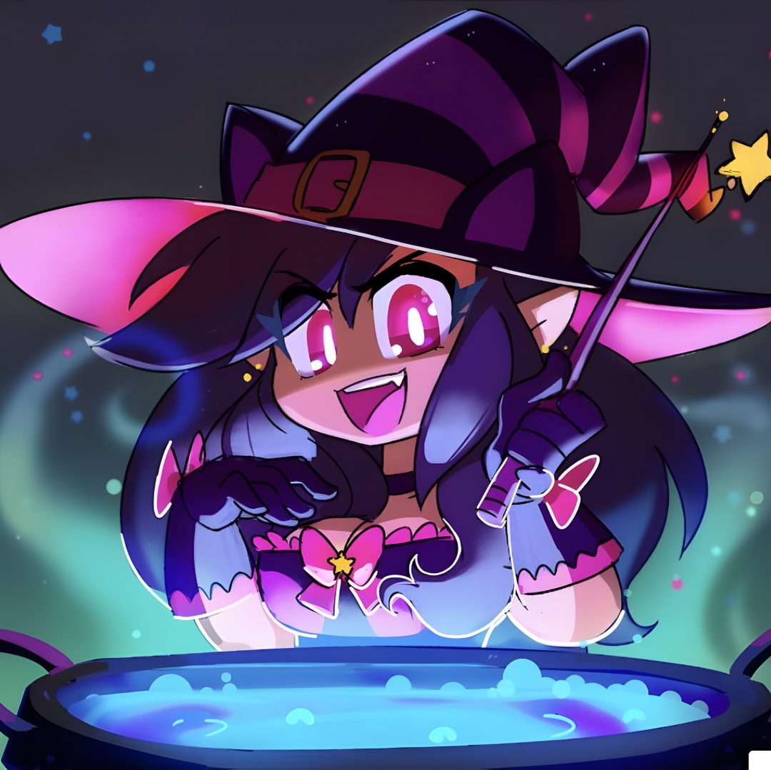 a cartoon witch is standing in front of a pot with water and stars on it Halloween Aphmau midnight blue