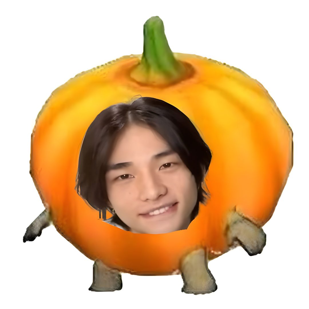 an orange pumpkin with a man's face in the center and another photo behind it Hyunjin Halloween Orange, burlywood
