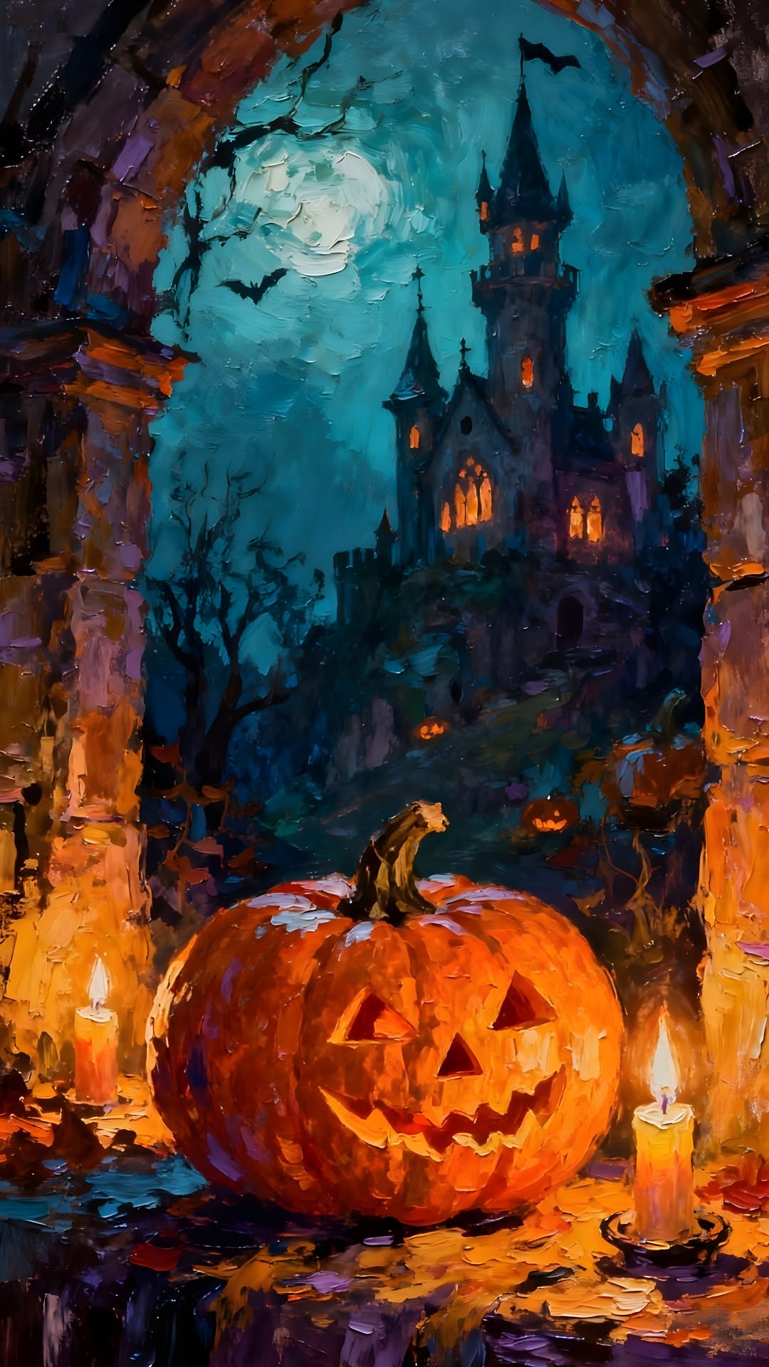 a painting of a pumpkin in front of a castle Halloween Art dark slate gray
