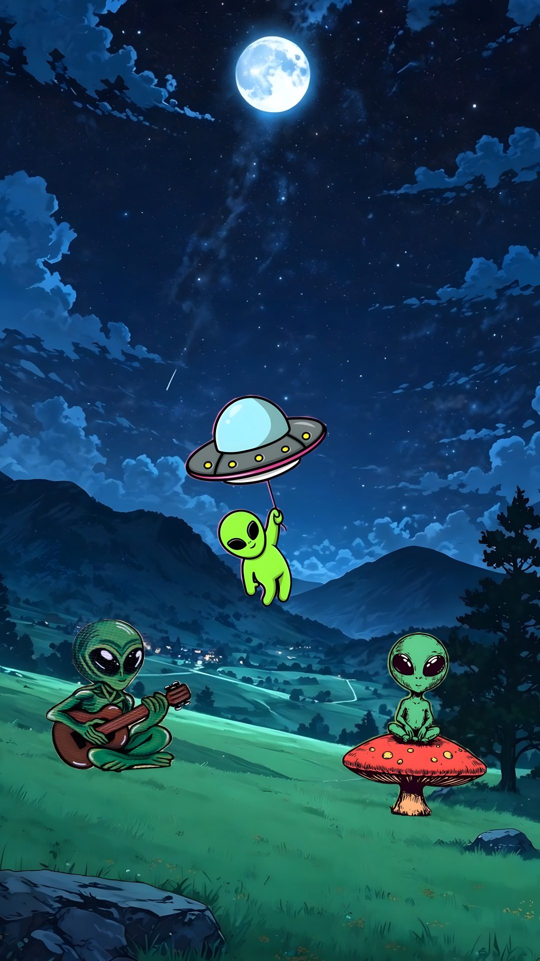 two alien playing guitar in the grass under a full moon sky with mountains and trees Alien Halloween Cute Alien, Neon, dark slate gray