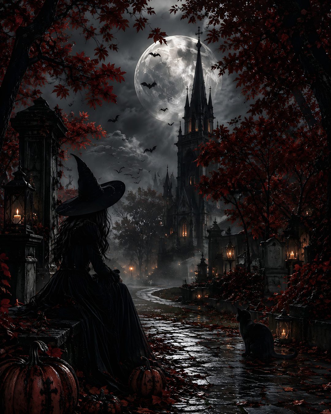 a witch sitting on a bench in front of a castle at night with bats and pumpkins Gothic Halloween Witch black