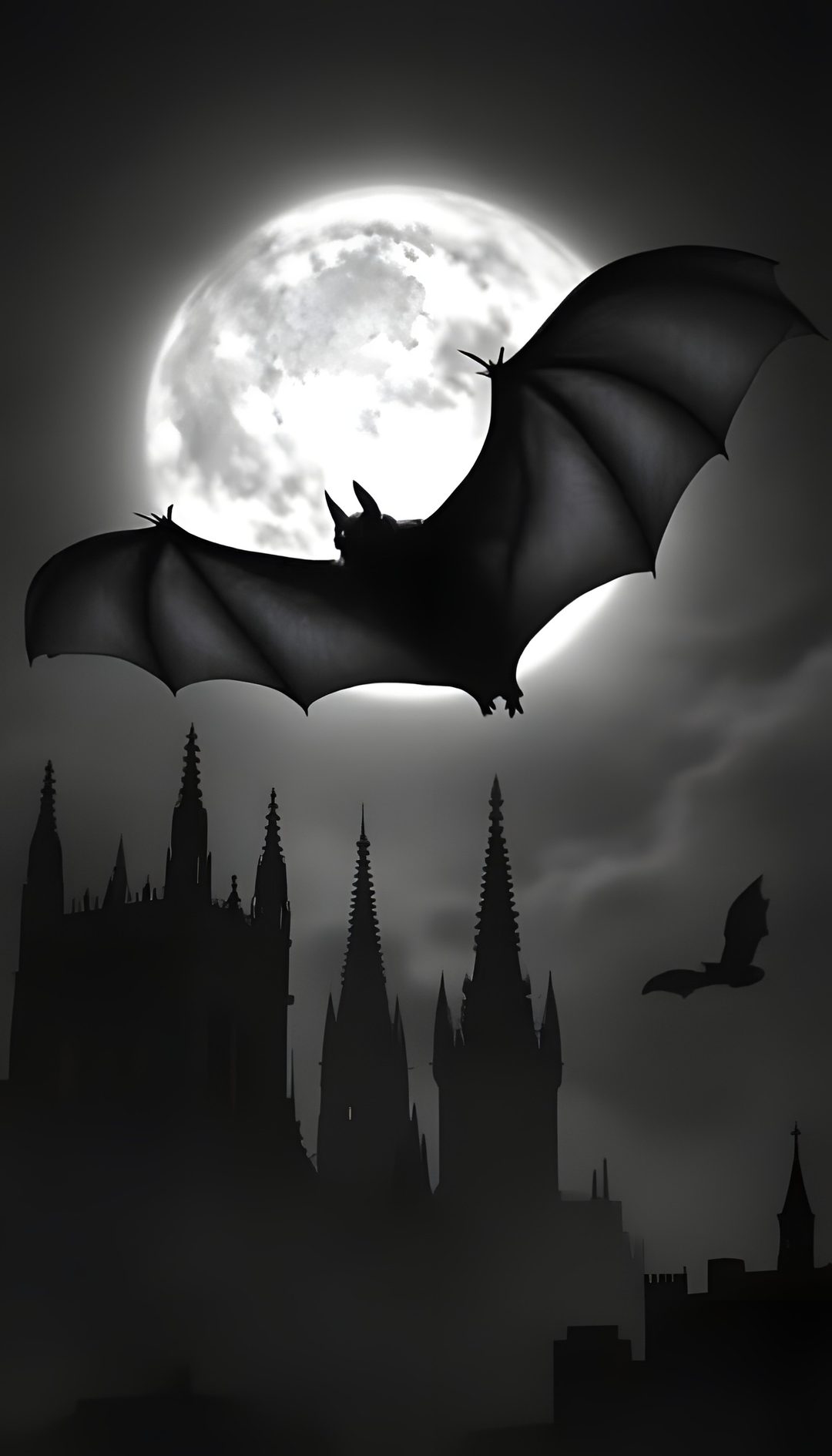 a black and white photo of a bat flying in front of a castle at night Gothic Halloween Bats Black White dark slate gray