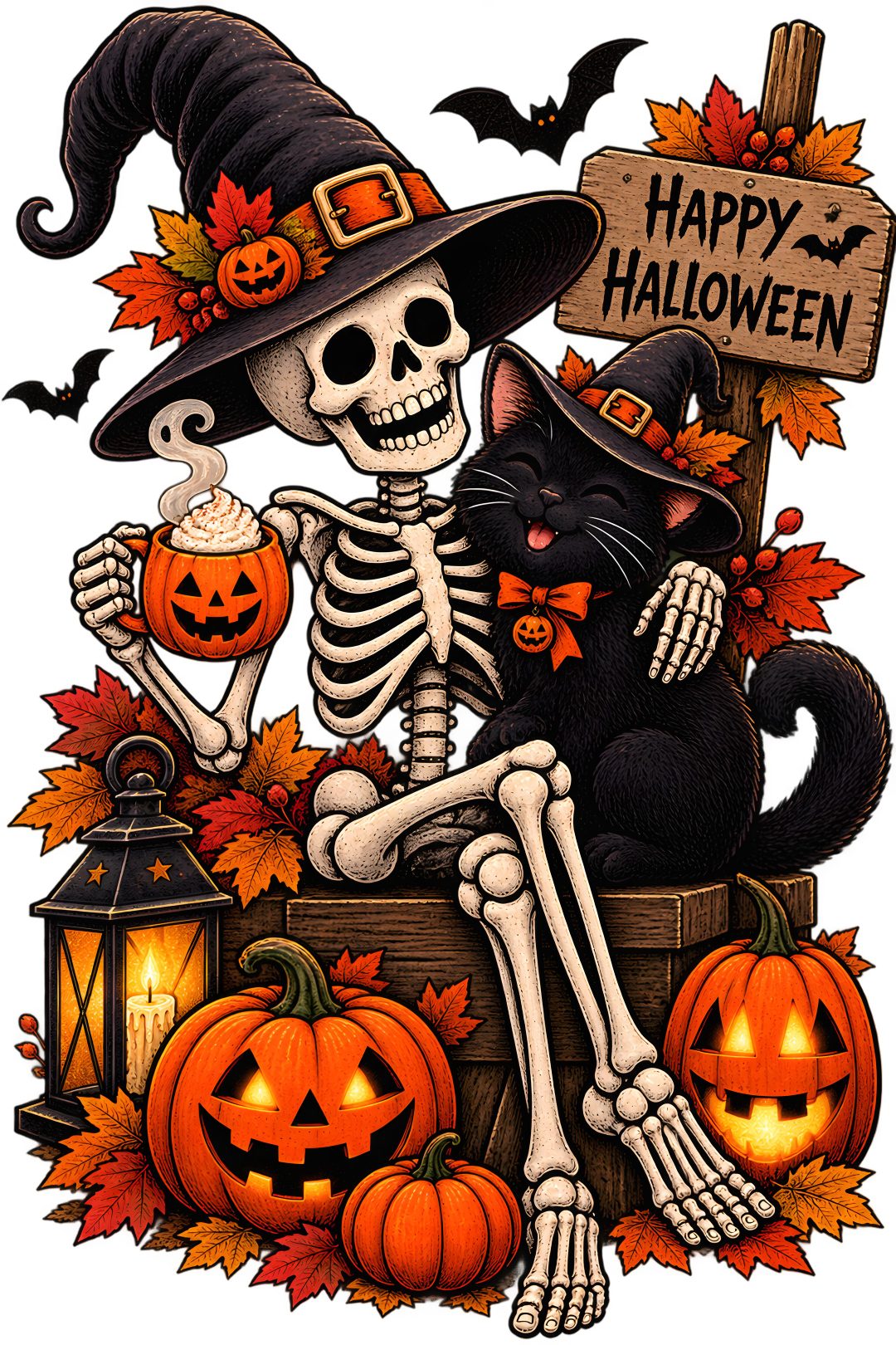 a cat sitting on top of a pile of pumpkins next to a sign that says happy halloween Happy Halloween Images sienna