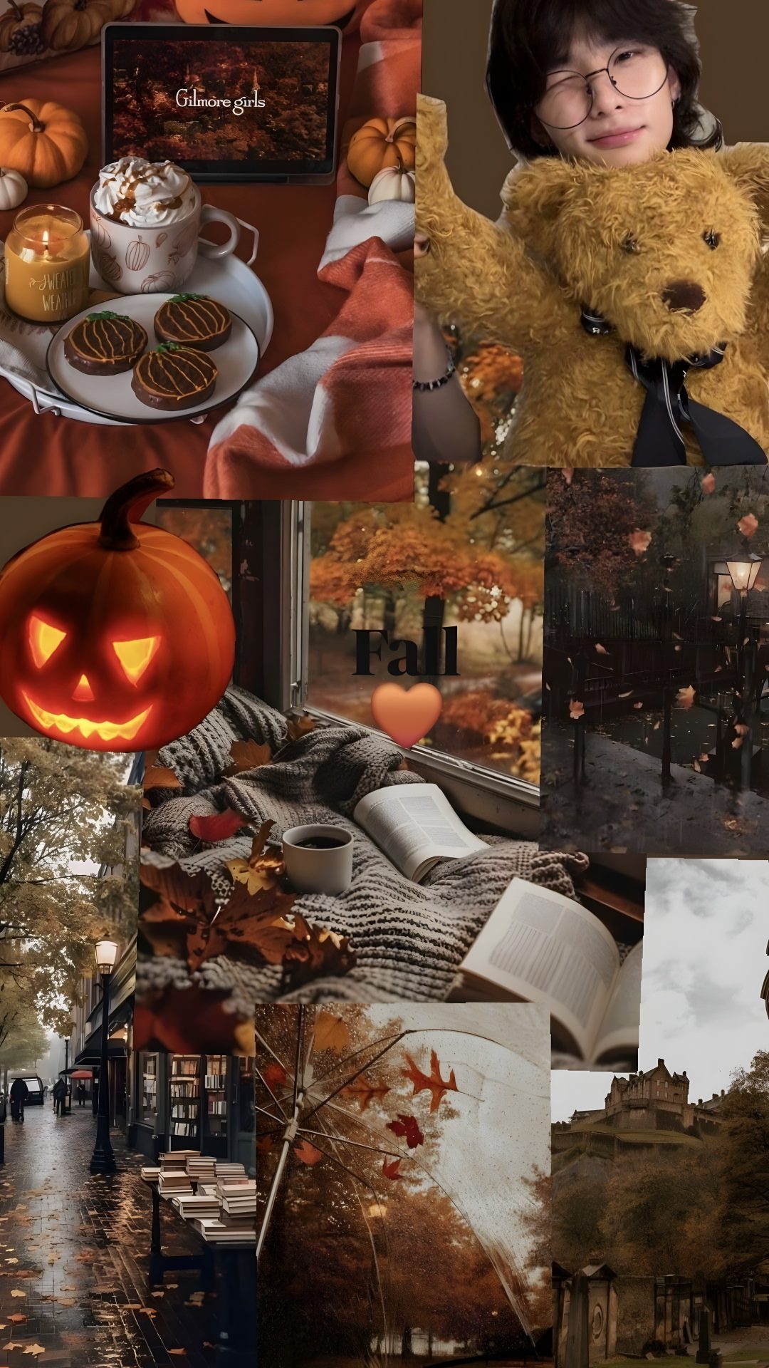 a collage of photos with pumpkins, books and a teddy bear Hyunjin Halloween Halloween, dark olive green