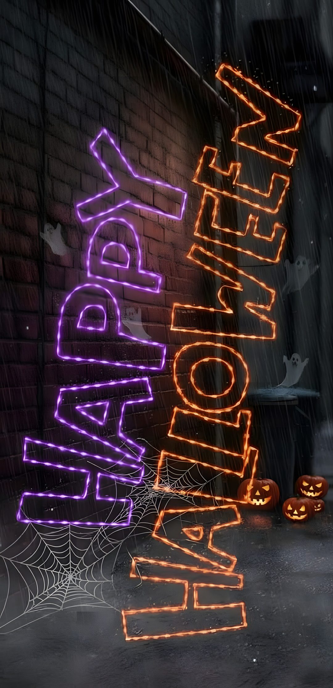 the words happy halloween are lit up in front of a brick wall Neon Aesthetic Halloween dark slate gray