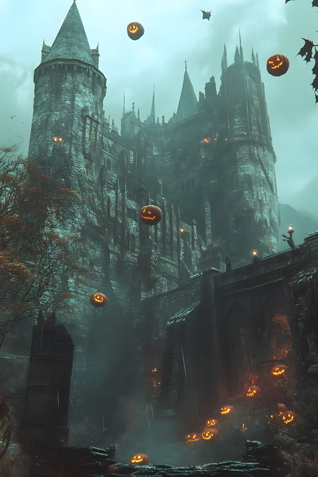 a castle with lots of pumpkins in front of it and some bats flying around Vintage Halloween- Bobcats Castle dark slate gray