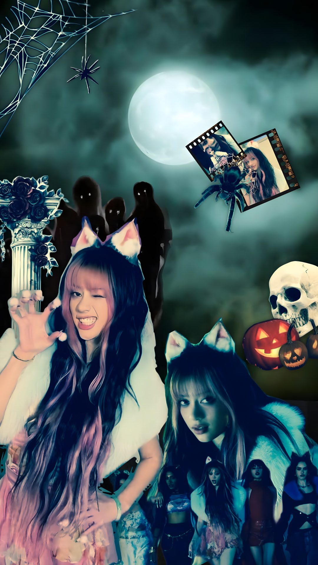 a girl with long hair standing in front of halloween decorations Kpop Halloween dark slate gray