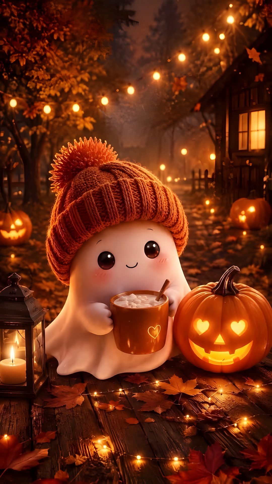 a cute little ghost with a cup of coffee in his hand and some pumpkins on the ground Zedge Halloween maroon