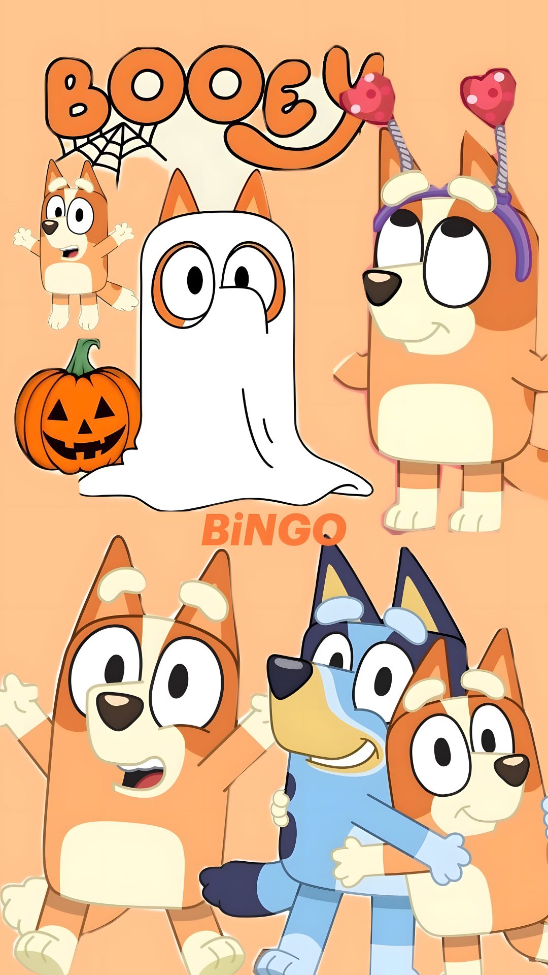 an image of cartoon dogs with halloween decorations on their heads and the words booy written in Bingo Halloween burlywood