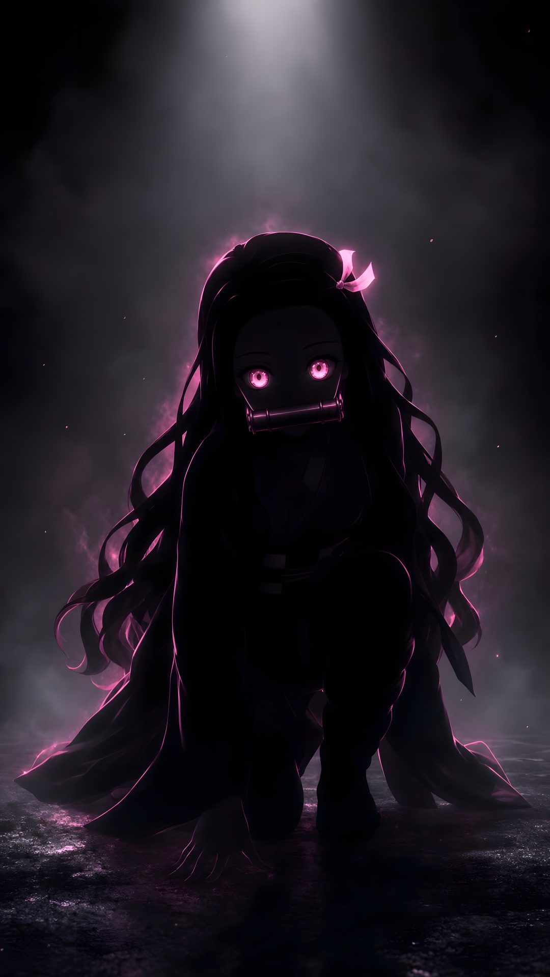 a creepy looking creature with long hair and glowing eyes sitting on the ground in front of a spotlight Halloween Anime 4k black