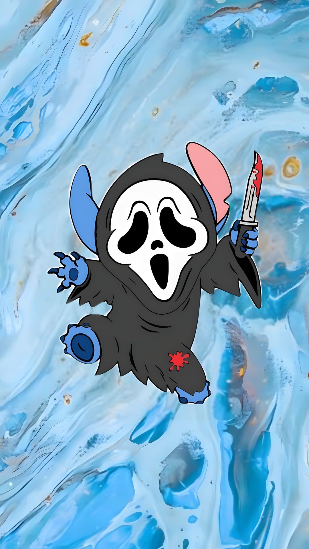 a cartoon character flying through the air holding a knife Stitch Halloween Ghostface sky blue