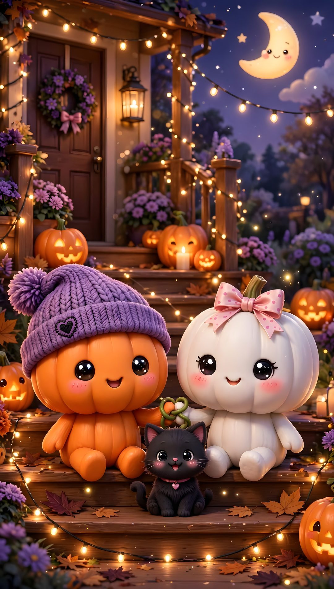 two little pumpkins sitting on the steps next to a black cat and a kitten in a purple hat 3d Cute Halloween saddle brown