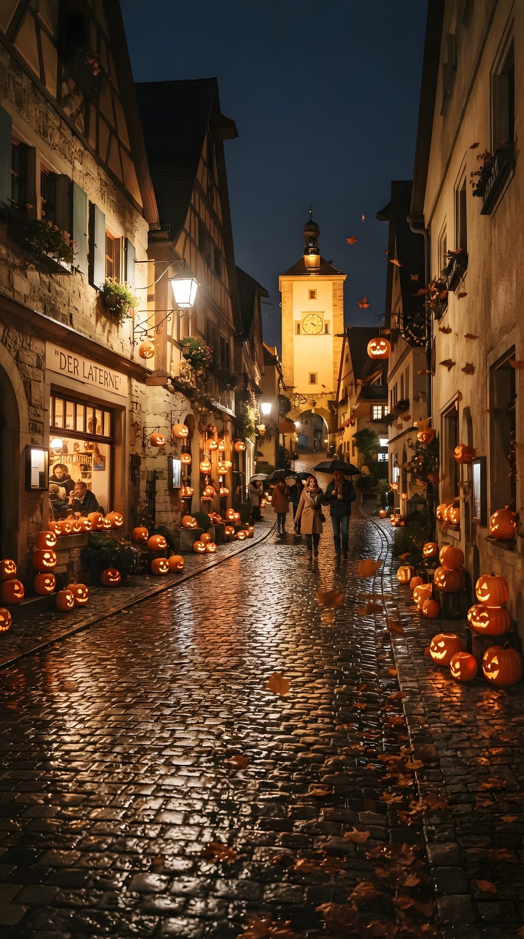 people are walking down the street at night with pumpkins on the cobblestone Halloween City dark slate gray
