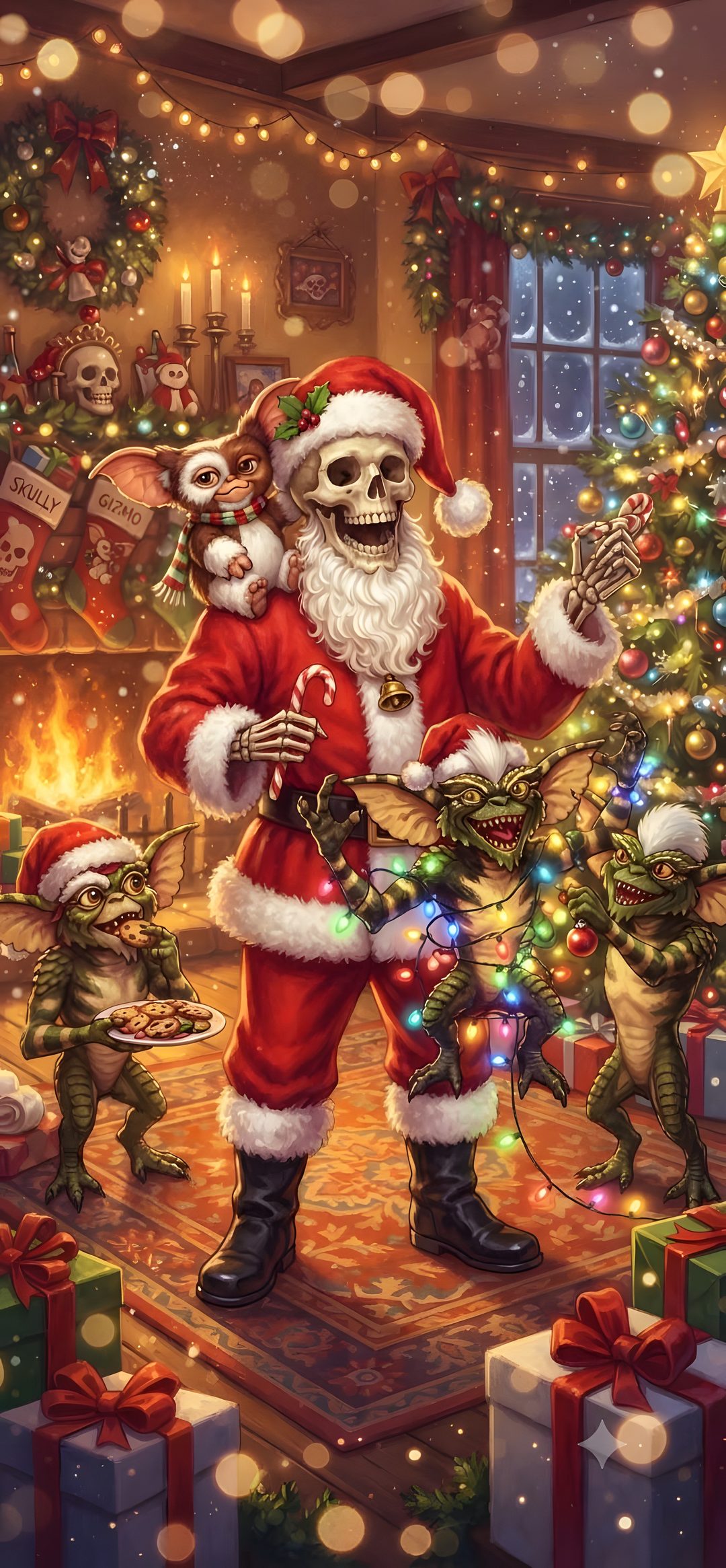 a painting of santa claus and his elves in front of a christmas tree Halloween Christmas saddle brown