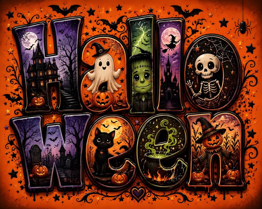 the word halloween written in colorful letters with pumpkins and ghostes around it, on an orange background Halloween Name saddle brown