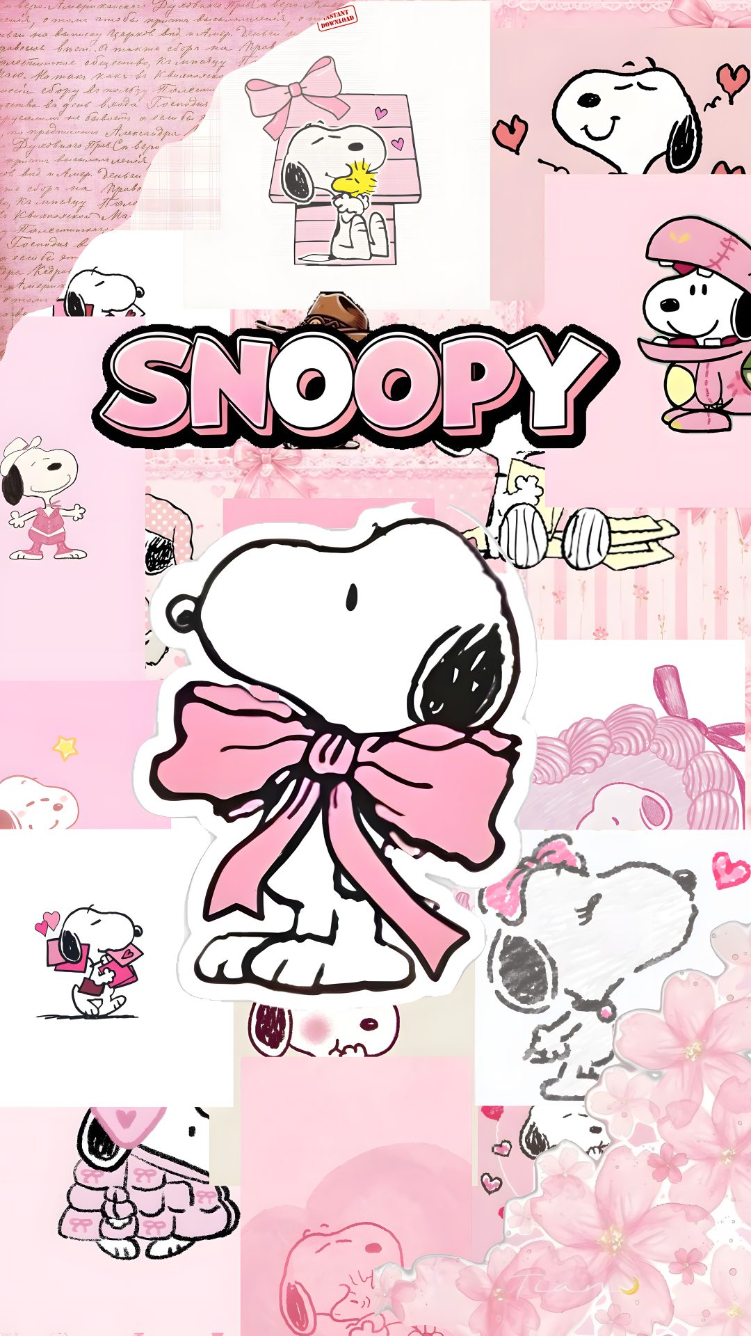 snoopy wallpaper with pink flowers and hello kitty stickers on the bottom right corner Pink Snoopy Halloween misty rose