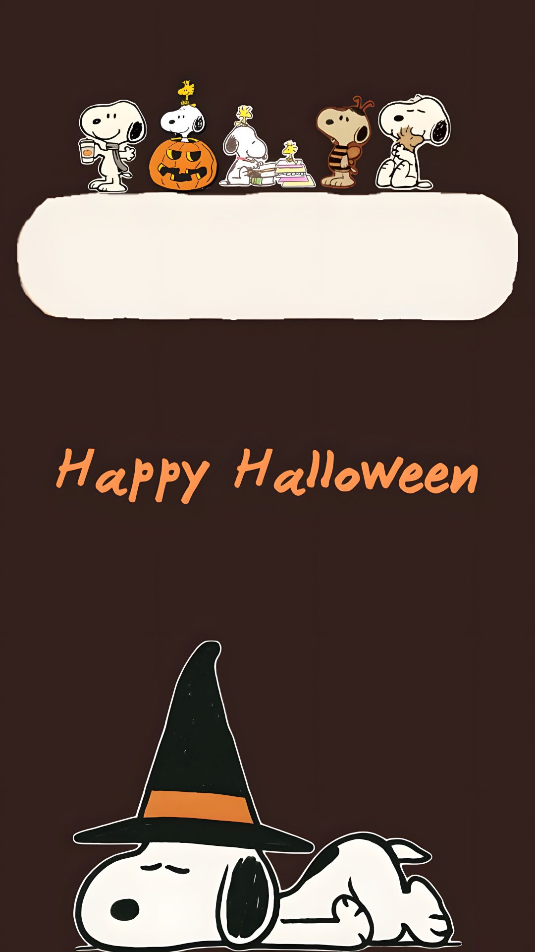 snoopy and friends are sitting on top of a shelf with the words happy halloween Snoopy Halloween 4k black