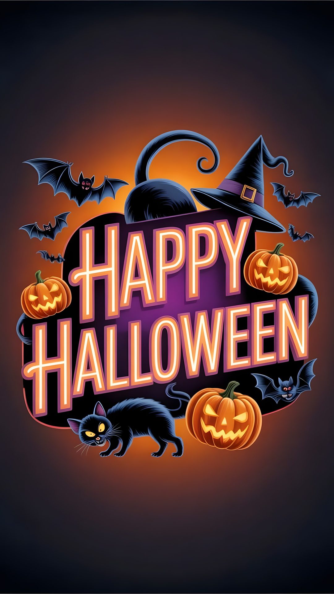 a happy halloween poster with pumpkins and bats That Says Happy Halloween dark slate gray