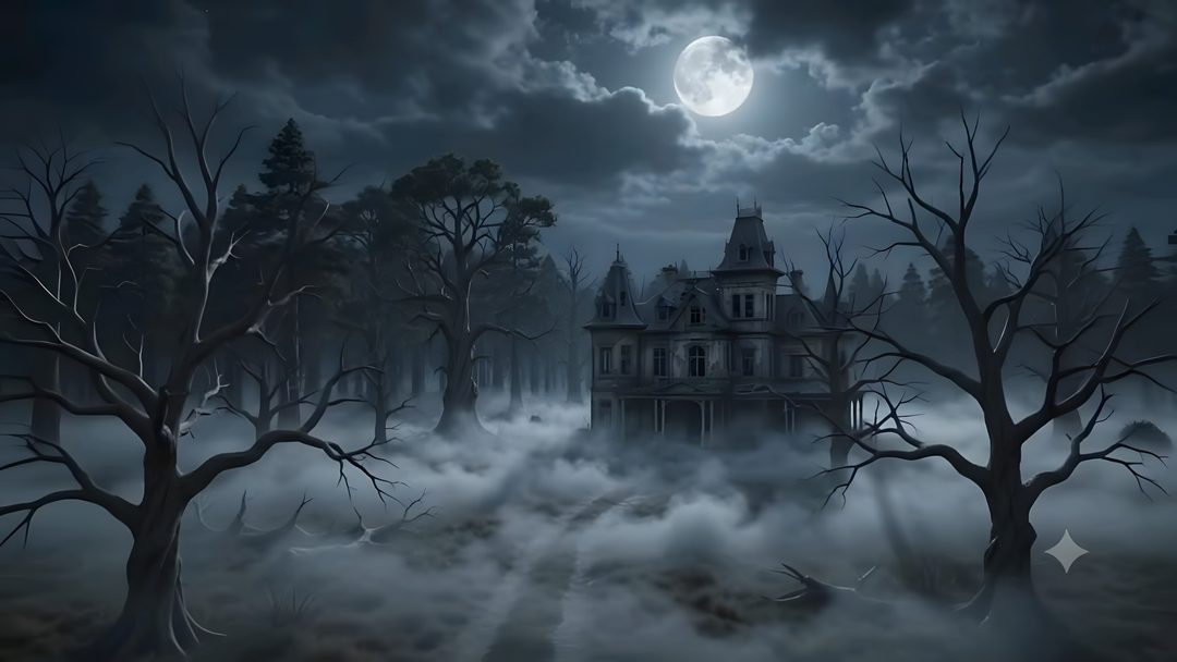 a creepy house in the middle of a forest at night with fog and stars around it Halloween Creepy Place dark slate gray