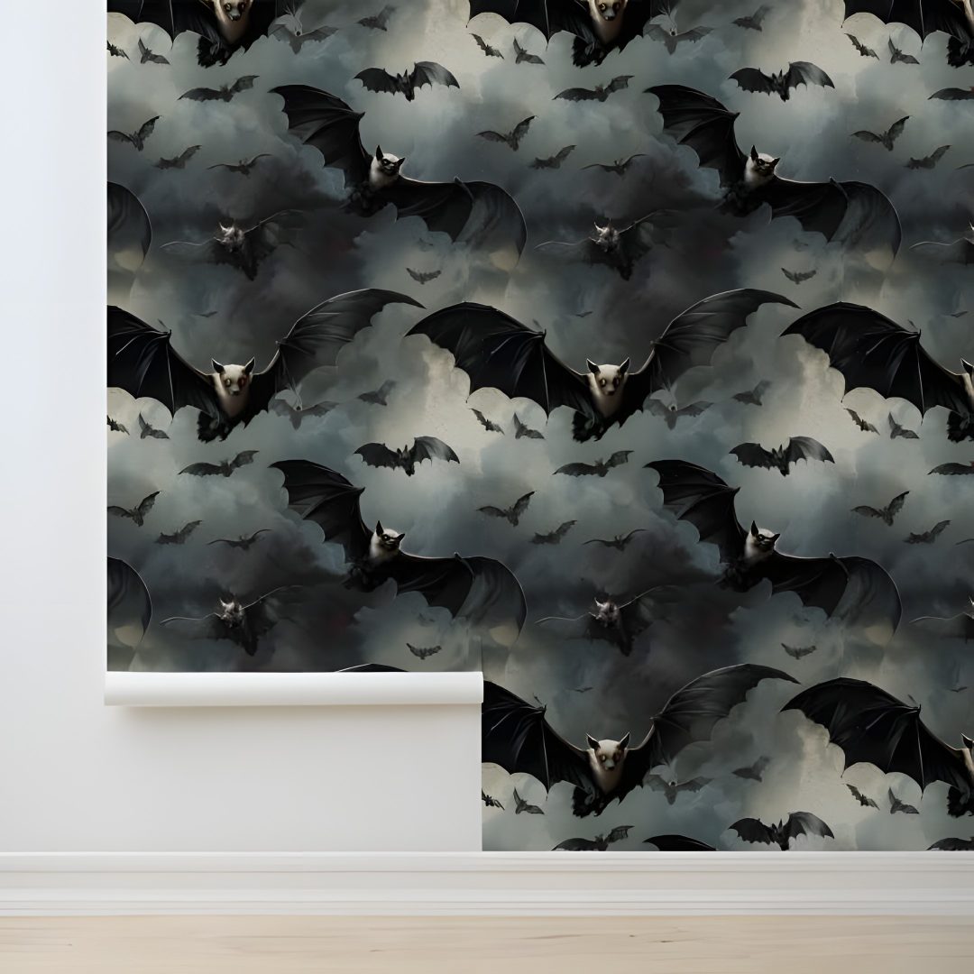 a bat themed wallpaper with bats flying through the sky Halloween Bat For Bedroom dim gray