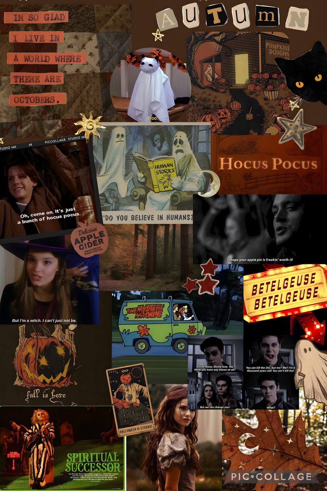 the collage has many different pictures and words on it, including an image of a ghost Halloweentown Aesthetic dark slate gray