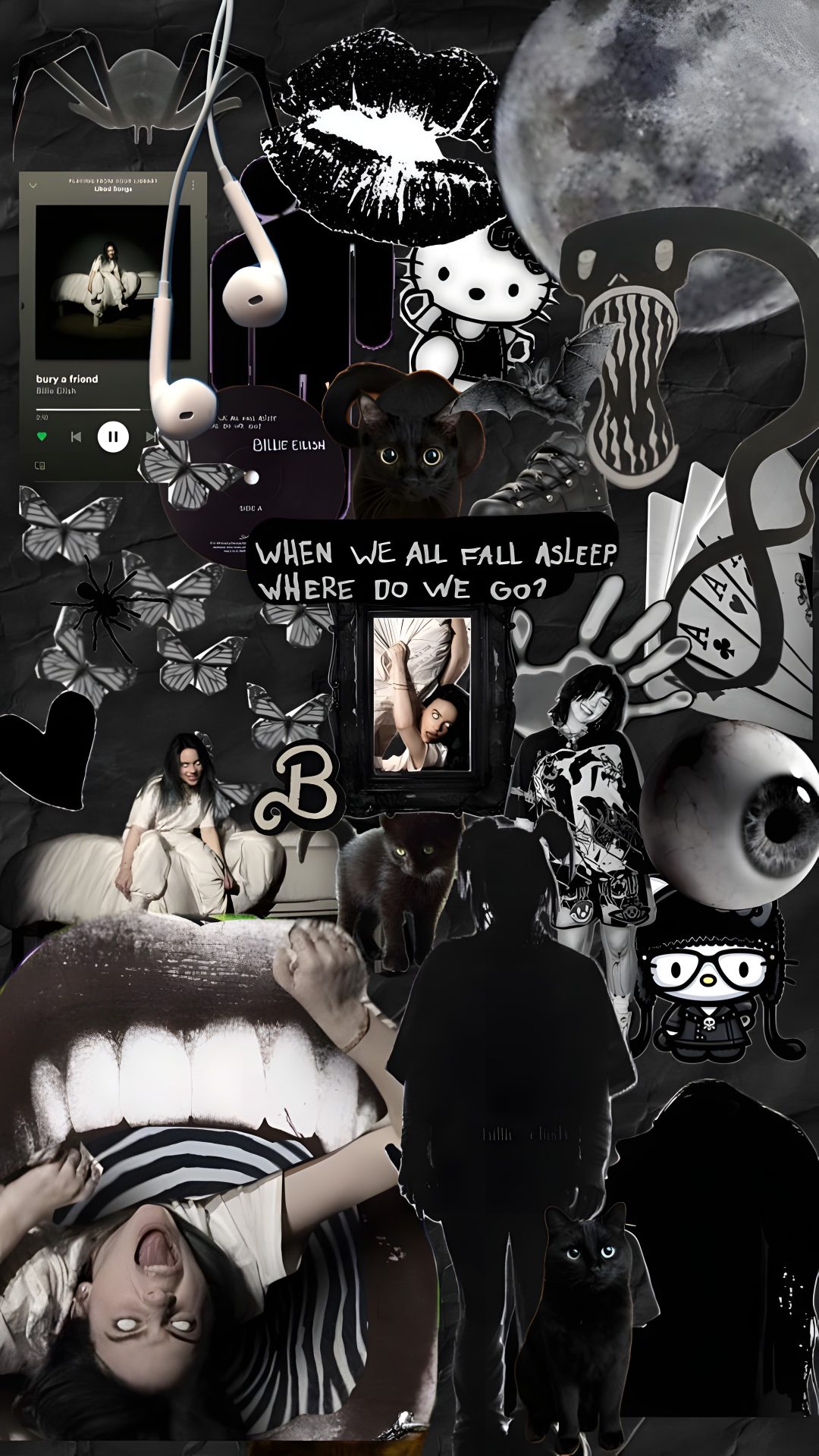 a collage of black and white images with cats, people, and other things Halloween Billie Eilish Billie Eilish Aesthetic, Blohsh Billie, Halloween, black