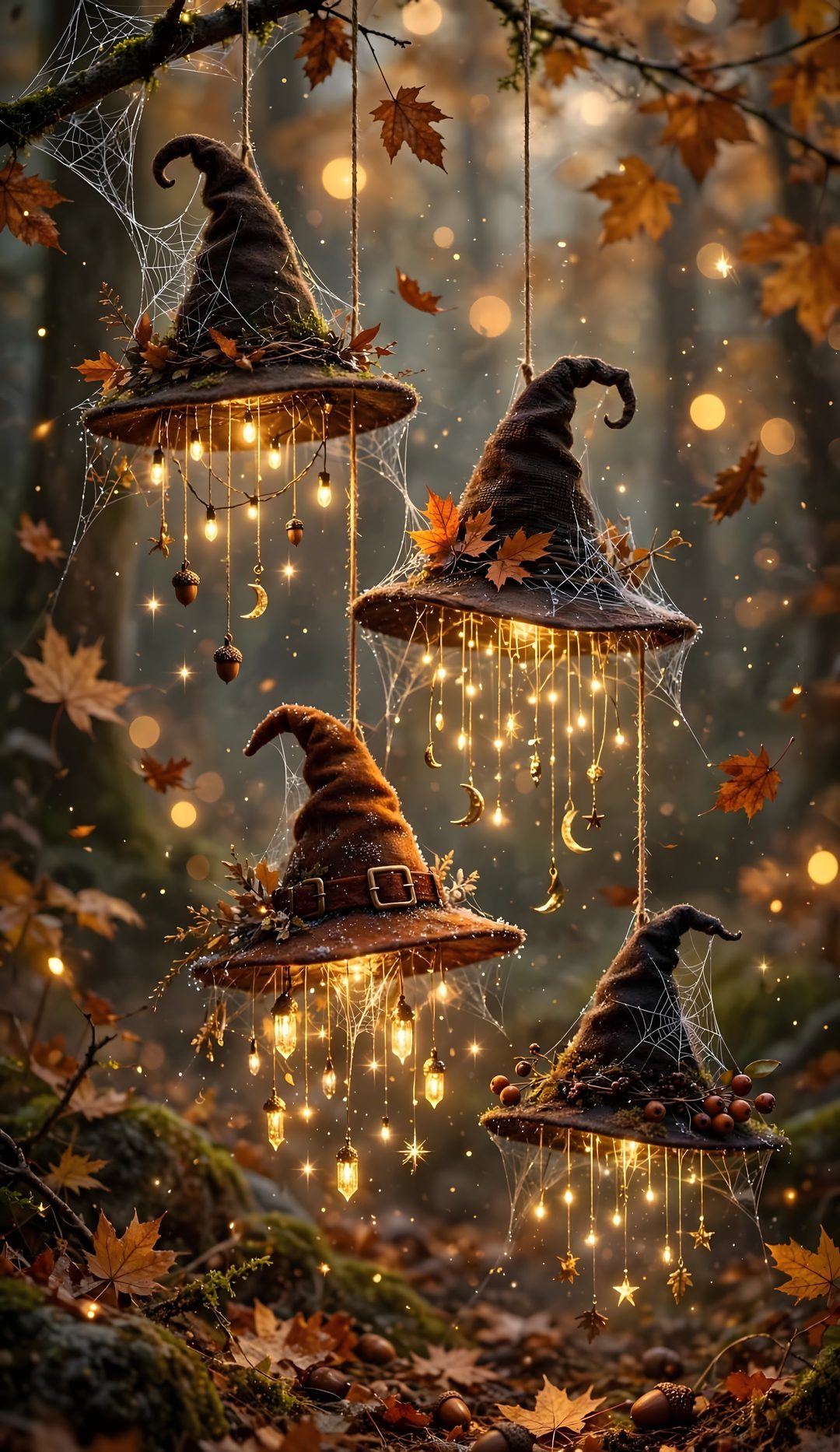 three witches hats hanging from strings in the woods with lights strung around them and leaves on the ground Halloween Witch Hat dark olive green