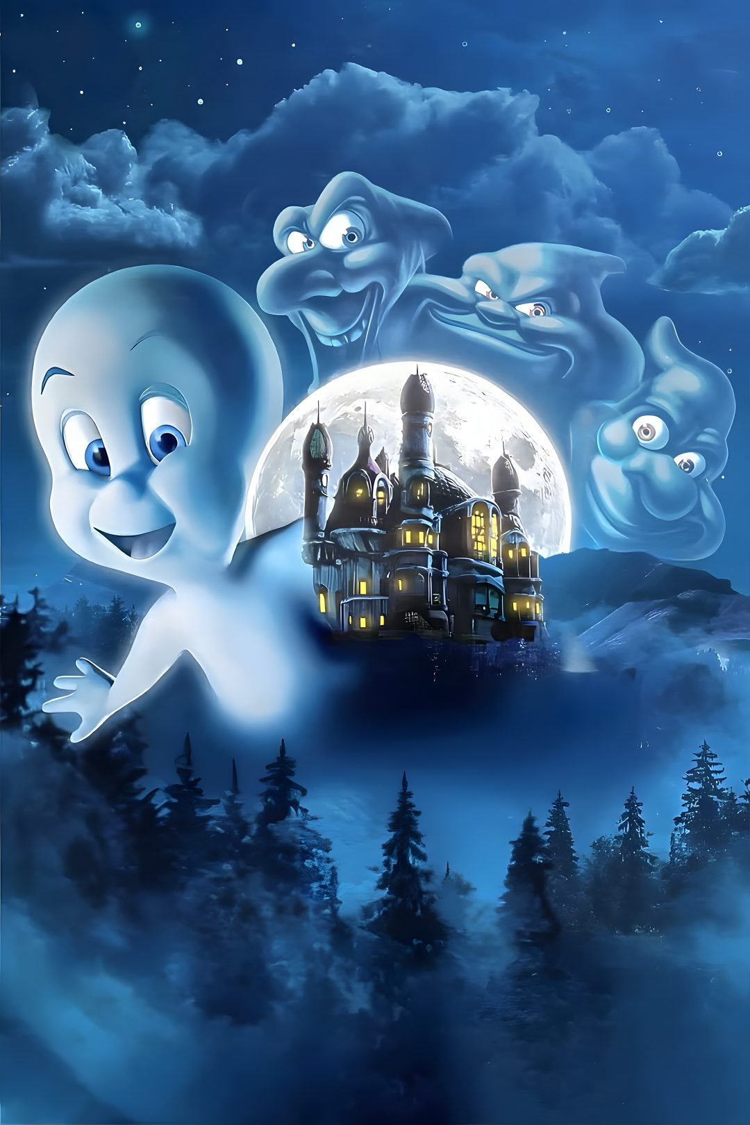 an animated ghost with a castle in the background Casper Halloween dark slate blue