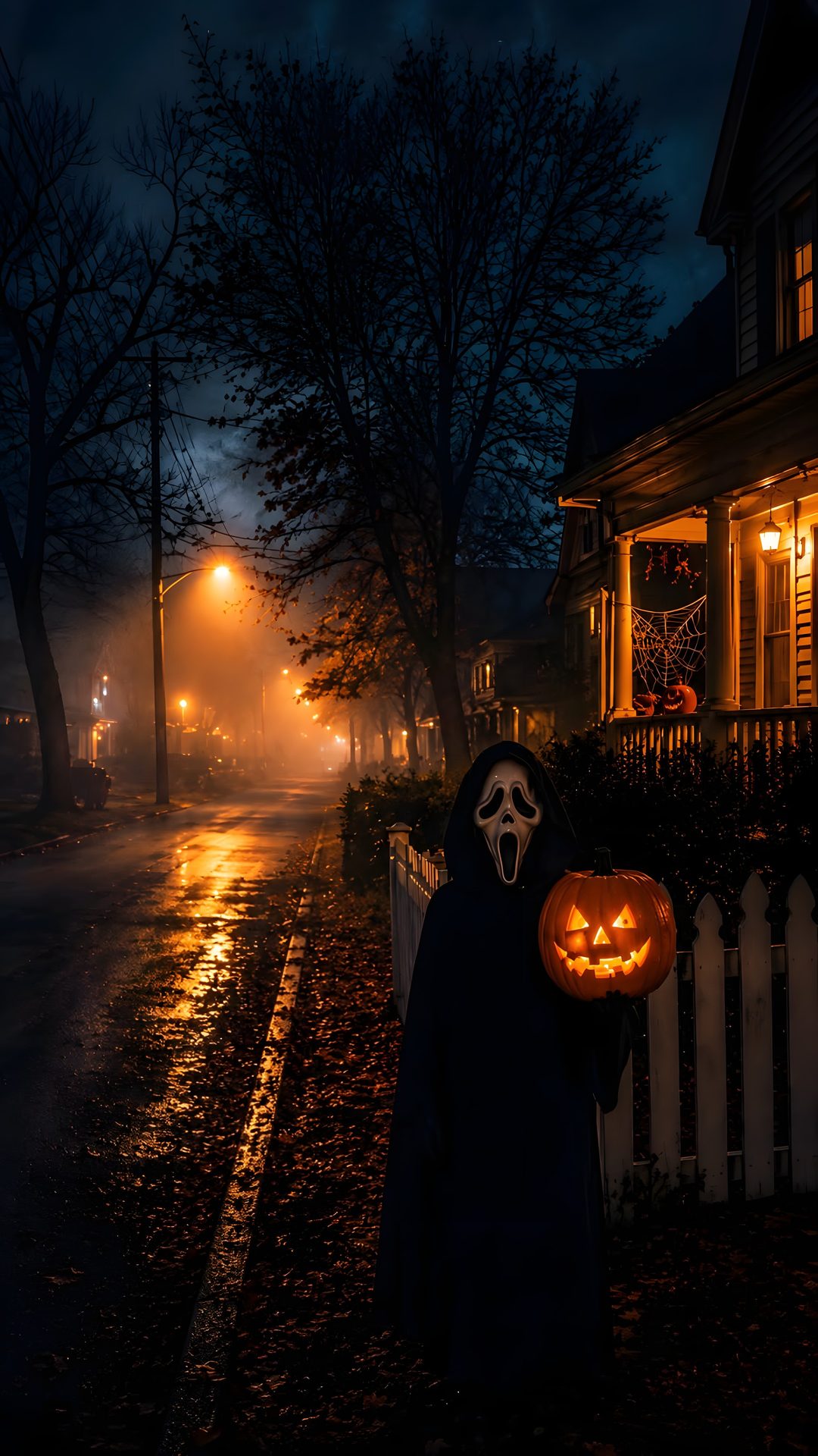 a person dressed as a ghost holding a pumpkin in front of a house at night Halloween Movie black