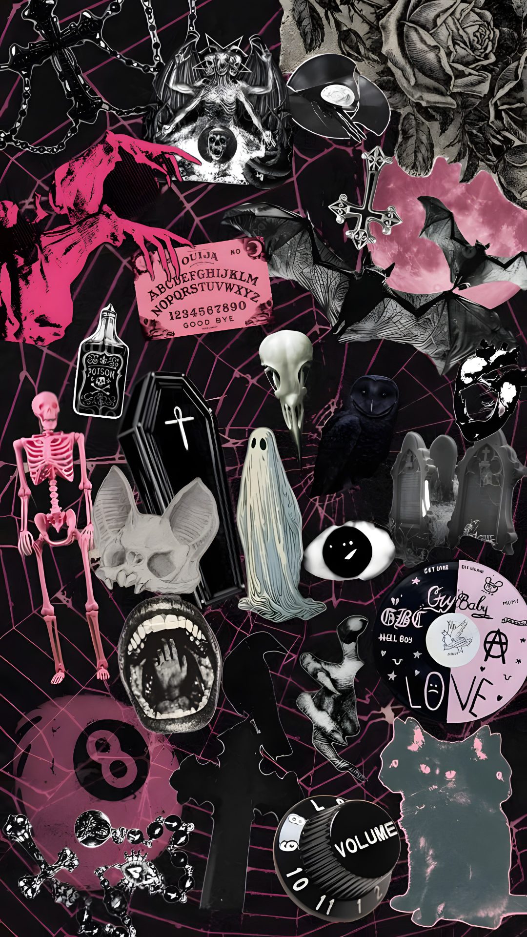 a collage of halloween related items on a black background with pink and grey colors Cute Cute Edgy Aesthetic Halloween dark slate gray