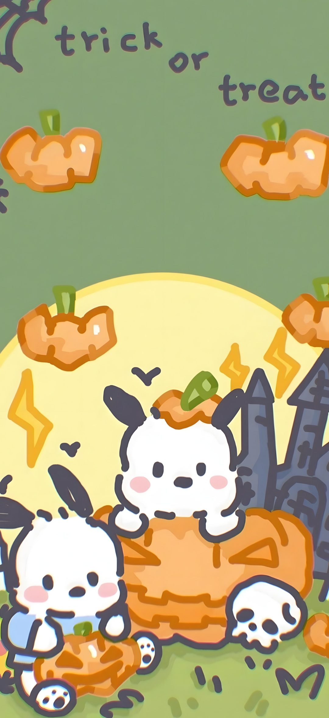 an image of some cartoon characters playing with pumpkins Pochacco Halloween Halloween, Snoopy, dark sea green