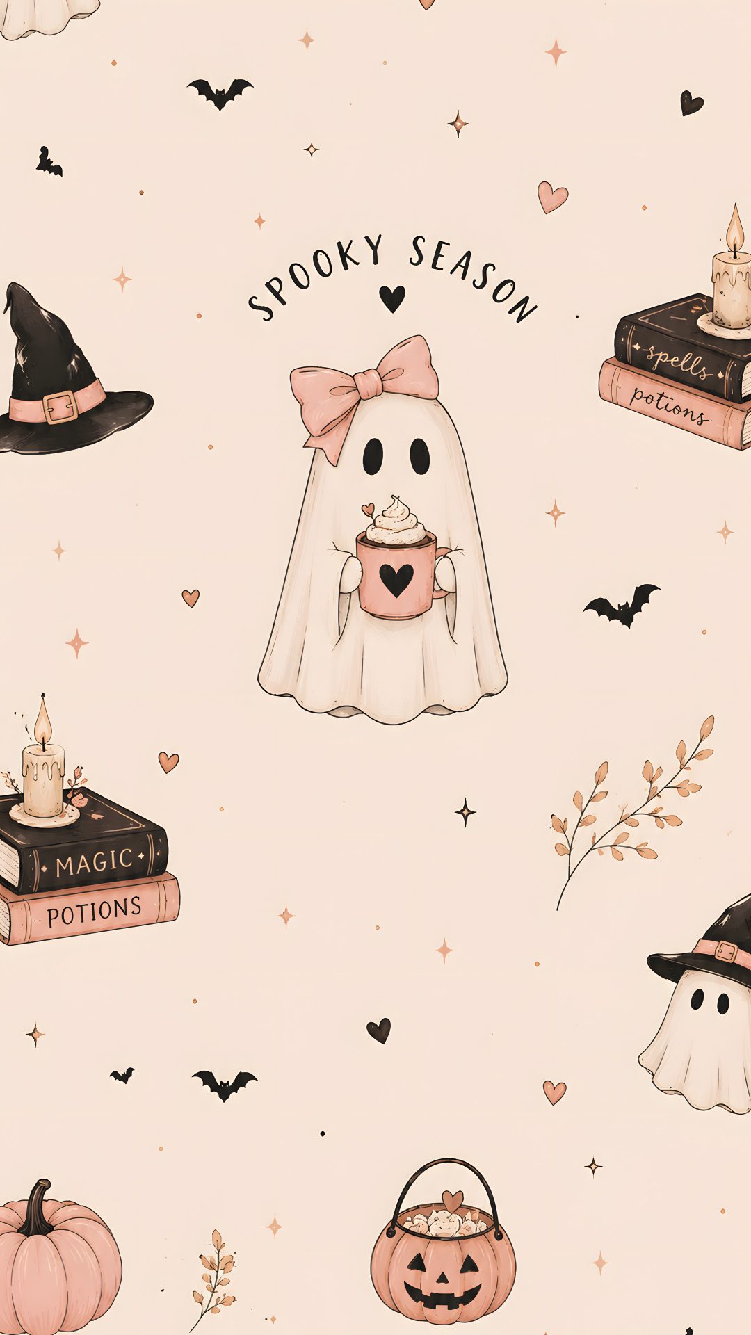 a halloween themed wallpaper with pumpkins, books and other items in the background Pastel Pastel Aesthetic Halloween antique white
