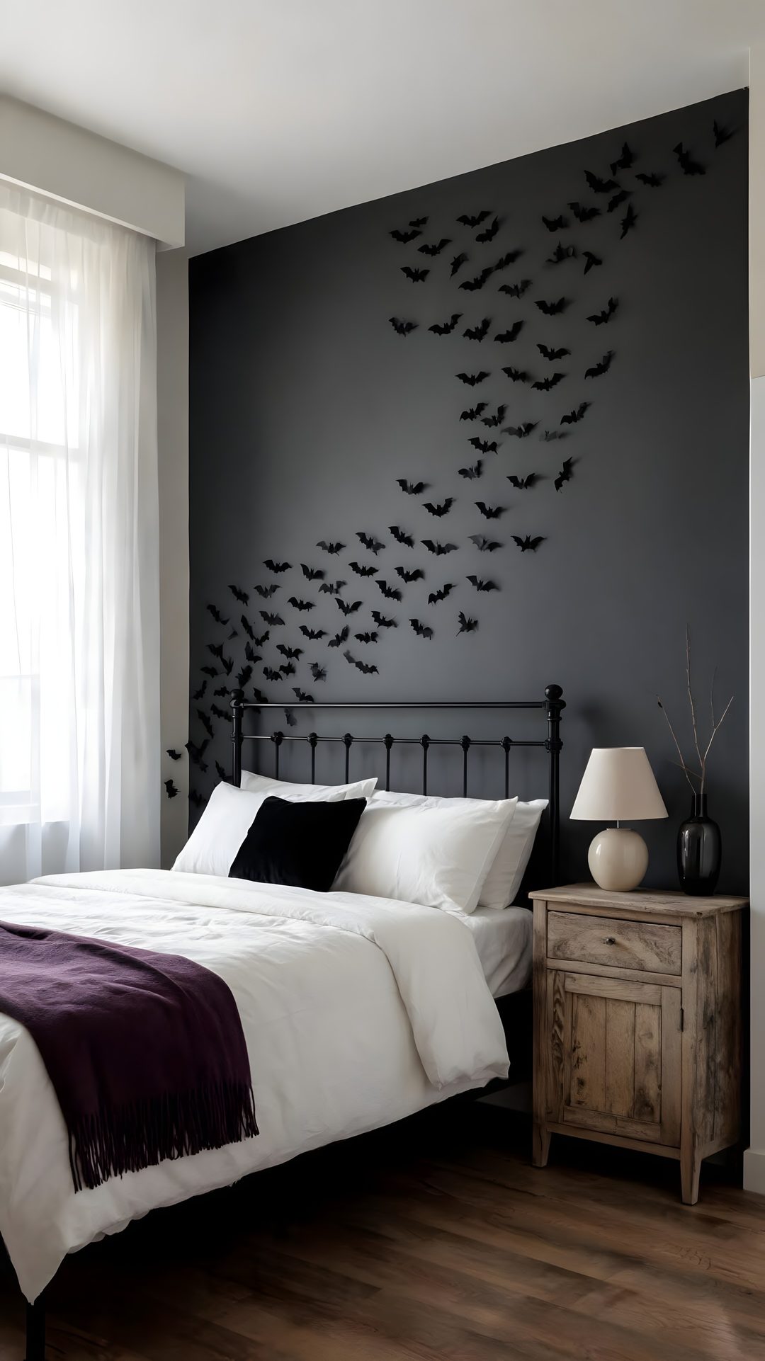 a bed sitting in a bedroom next to a window with bats painted on the wall Halloween Bat For Bedroom dim gray
