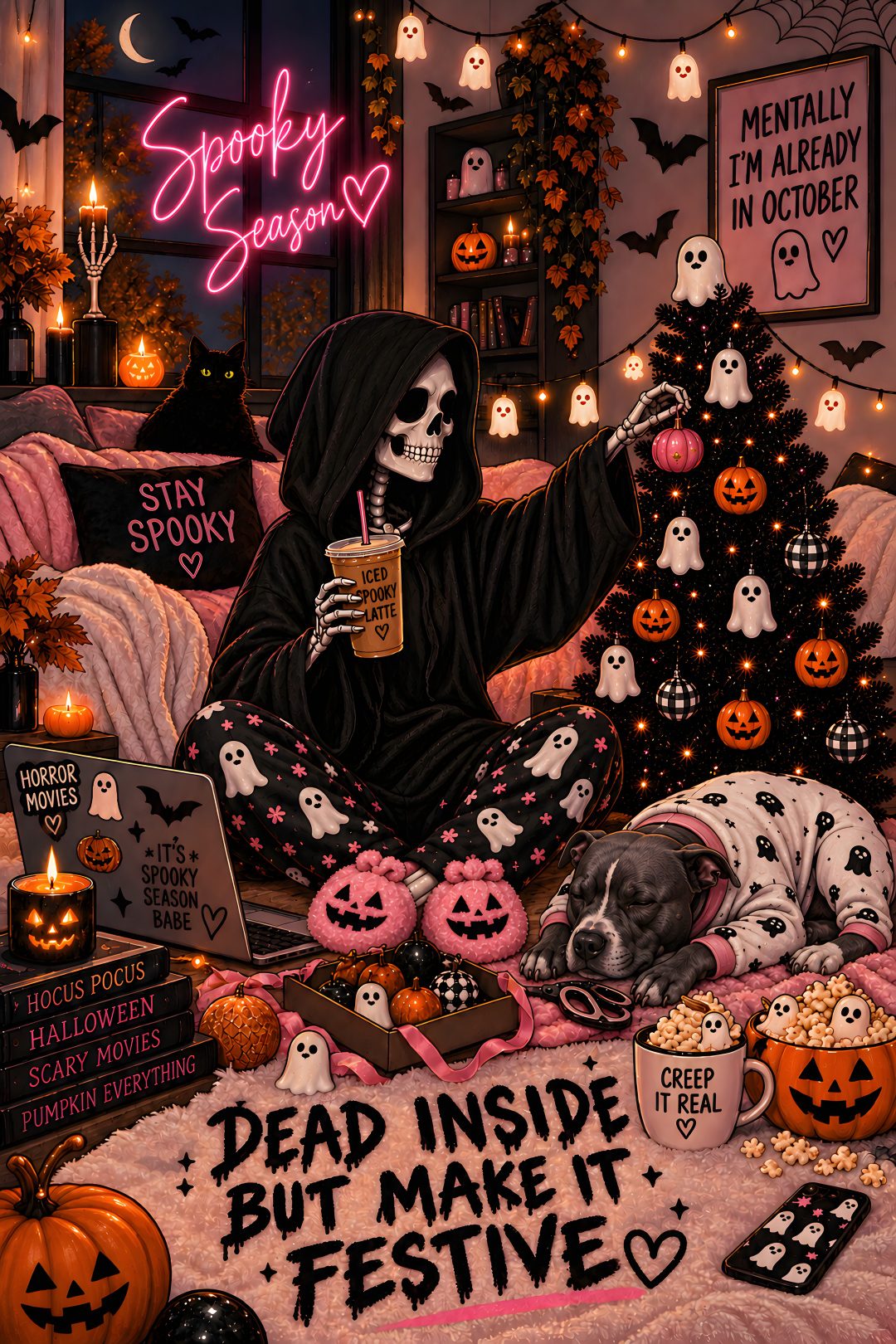a painting of a skeleton sitting on a bed with halloween decorations and candles around it Halloween Is A Lifestyle Not A Holiday maroon