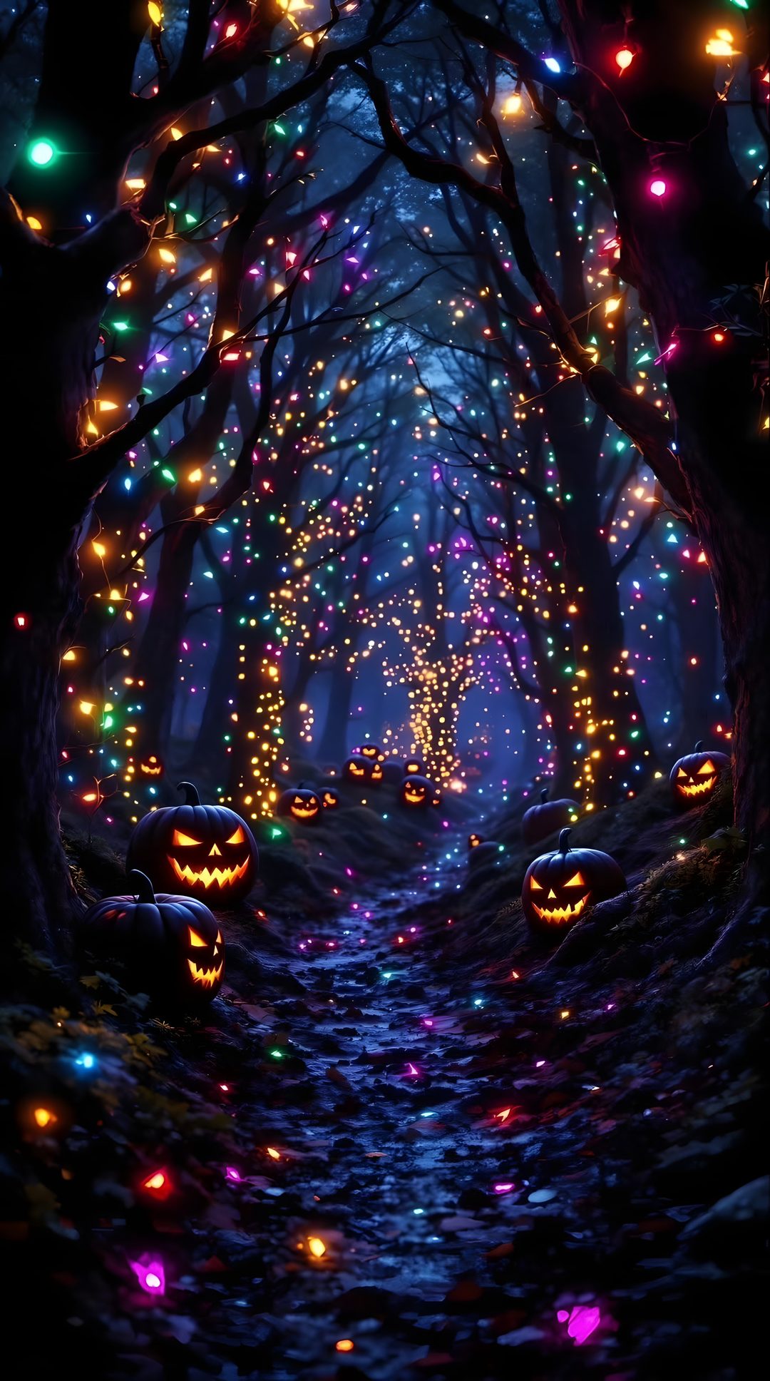 an image of halloween lights in the dark forest with trees and pumpkins on the ground Glow In The Dark Halloween black