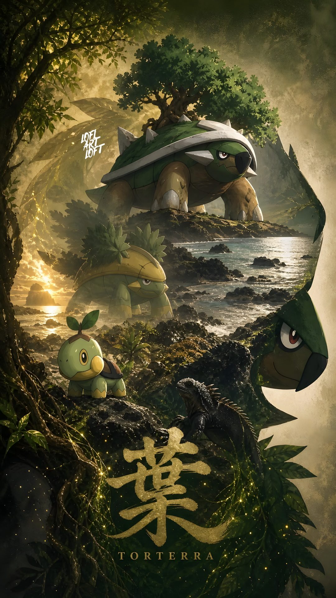 an advertisement for the movie tortoise, featuring two turtles and a turtle in front of Halloween Torterra dark slate gray