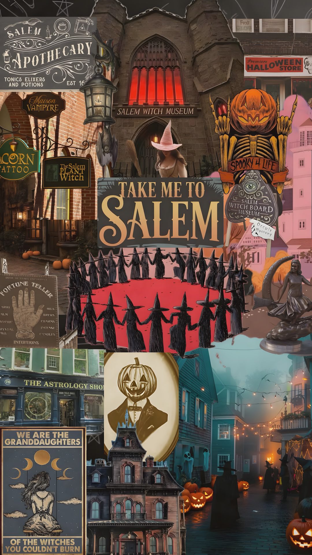 a collage of halloween related items including posters, signs and pumpkins on display Salem Halloween Aesthetic dark olive green