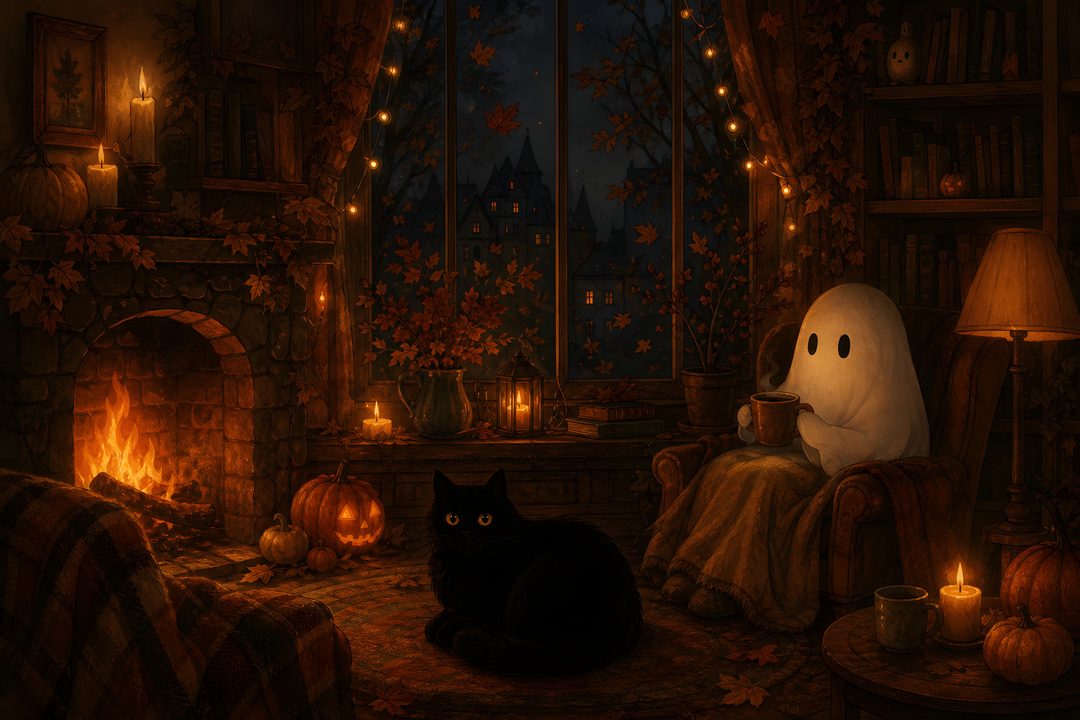 a black cat sitting in front of a fireplace next to a ghost and pumpkins Halloween Cat Desktop black