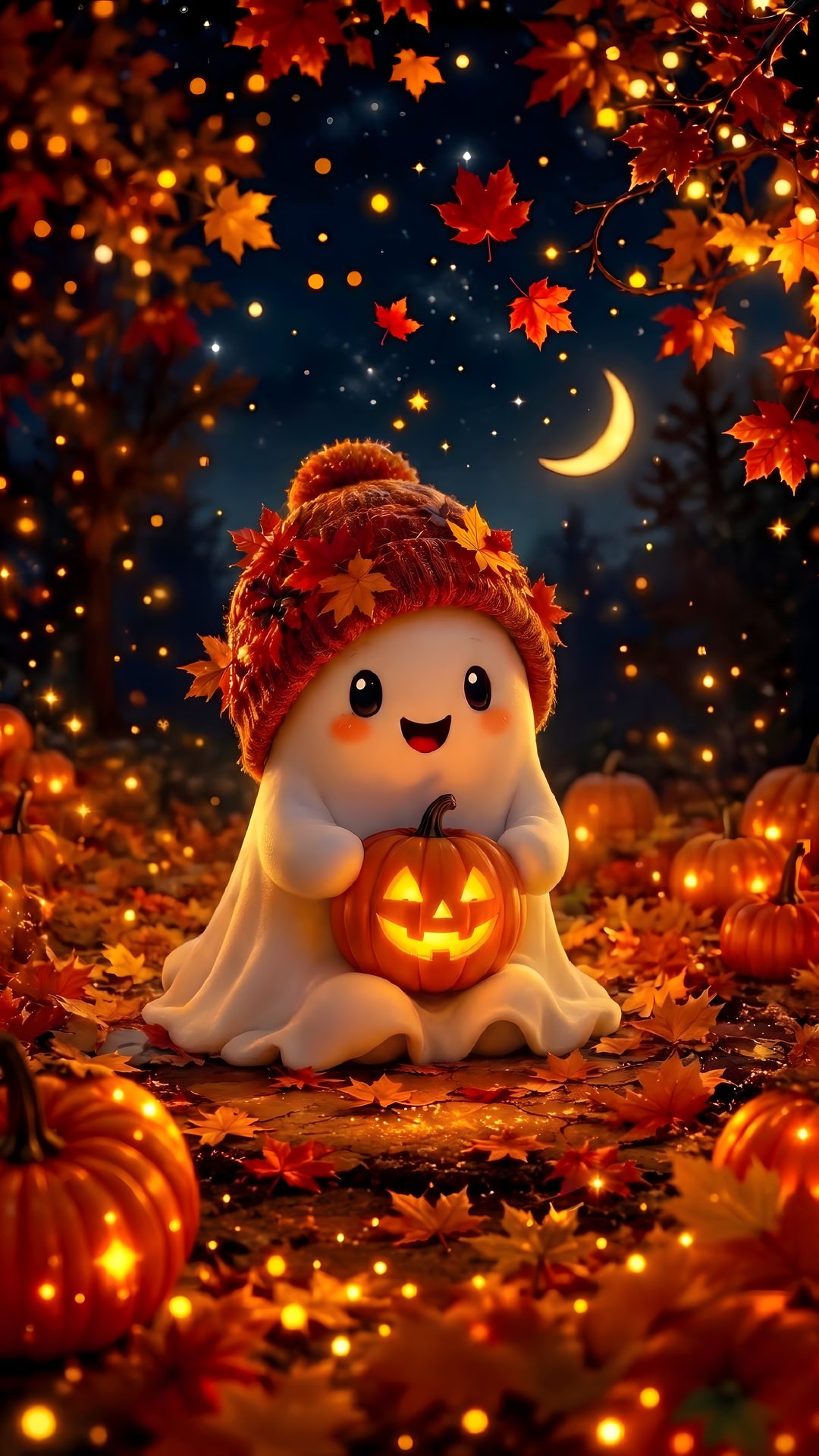 a little pumpkin sitting in the middle of a field with leaves and lights around it Cute Animated Halloween maroon