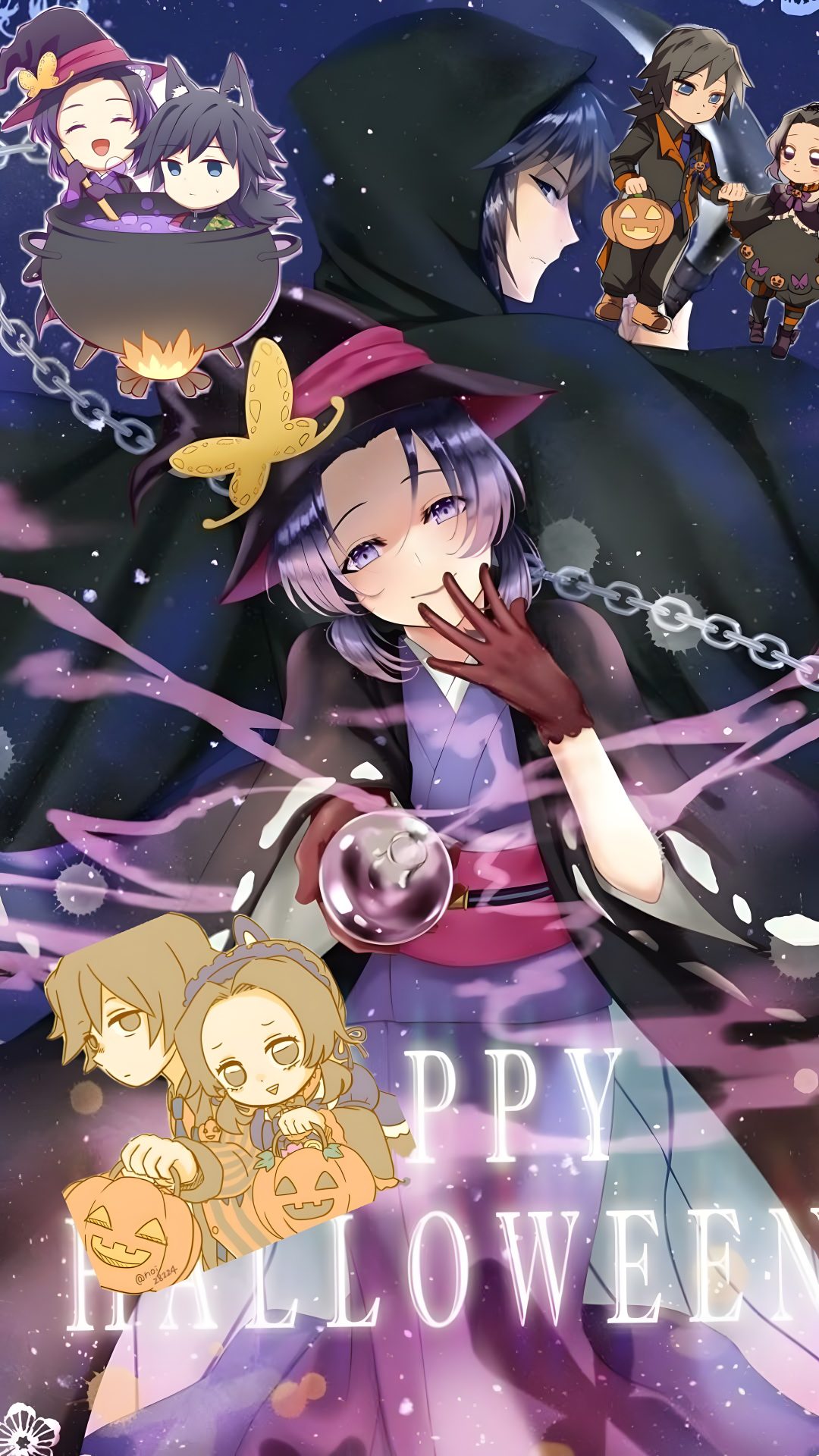 the poster for happy halloween is shown in front of an image of witches and cats Demon Slayer Halloween dim gray