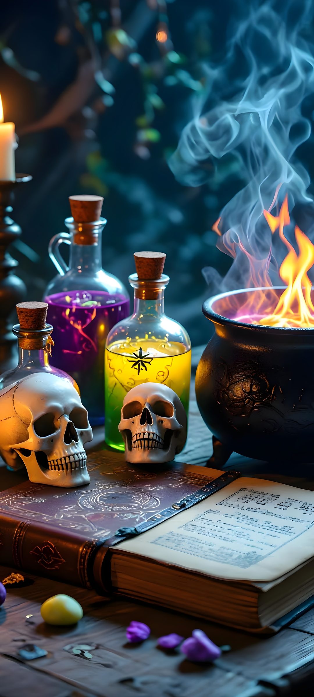 a table topped with bottles filled with liquid next to a candle and skull heads on top of a book Halloween Potion dark slate gray