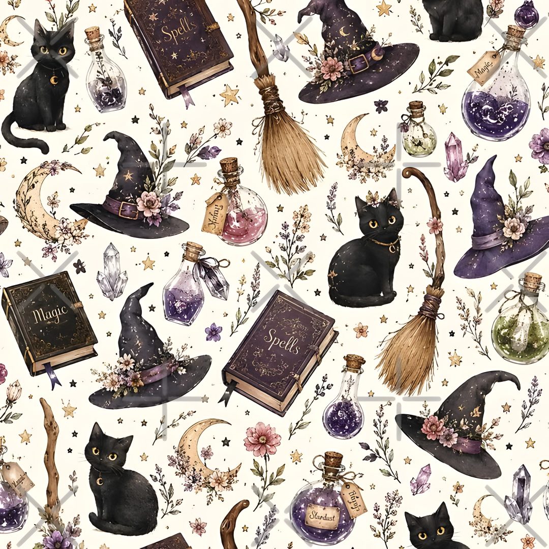 a watercolor halloween pattern with witches and books Halloween Fabric Cat Bones Witch And light gray