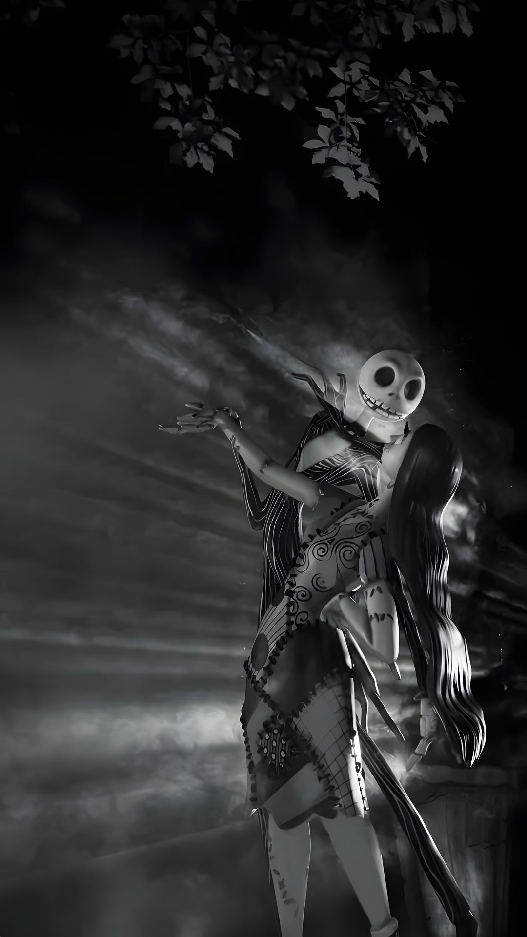 a woman dressed as a skeleton holding a girl in her arms and standing next to a tree Halloween Jack And Sally dark slate gray