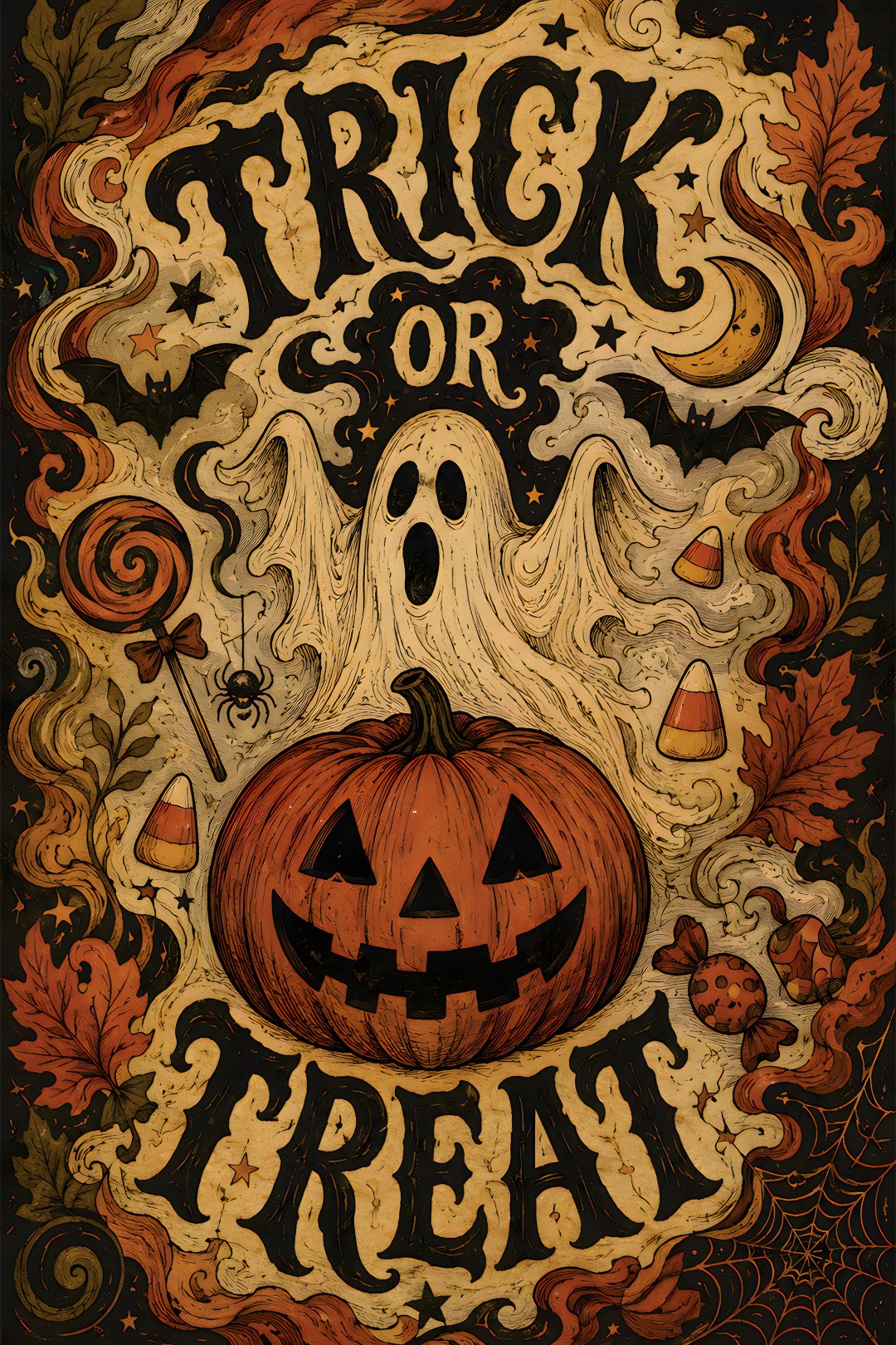 a trick or treat poster with a pumpkin Large Scale Halloween Trick Or Treats saddle brown