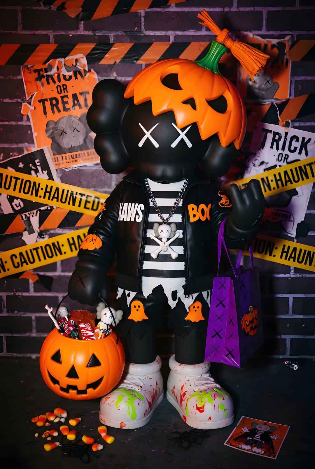 a black bear dressed up as a skeleton and holding two pumpkins Halloween Kaws Hypebeast Room, Cool, Halloween, black