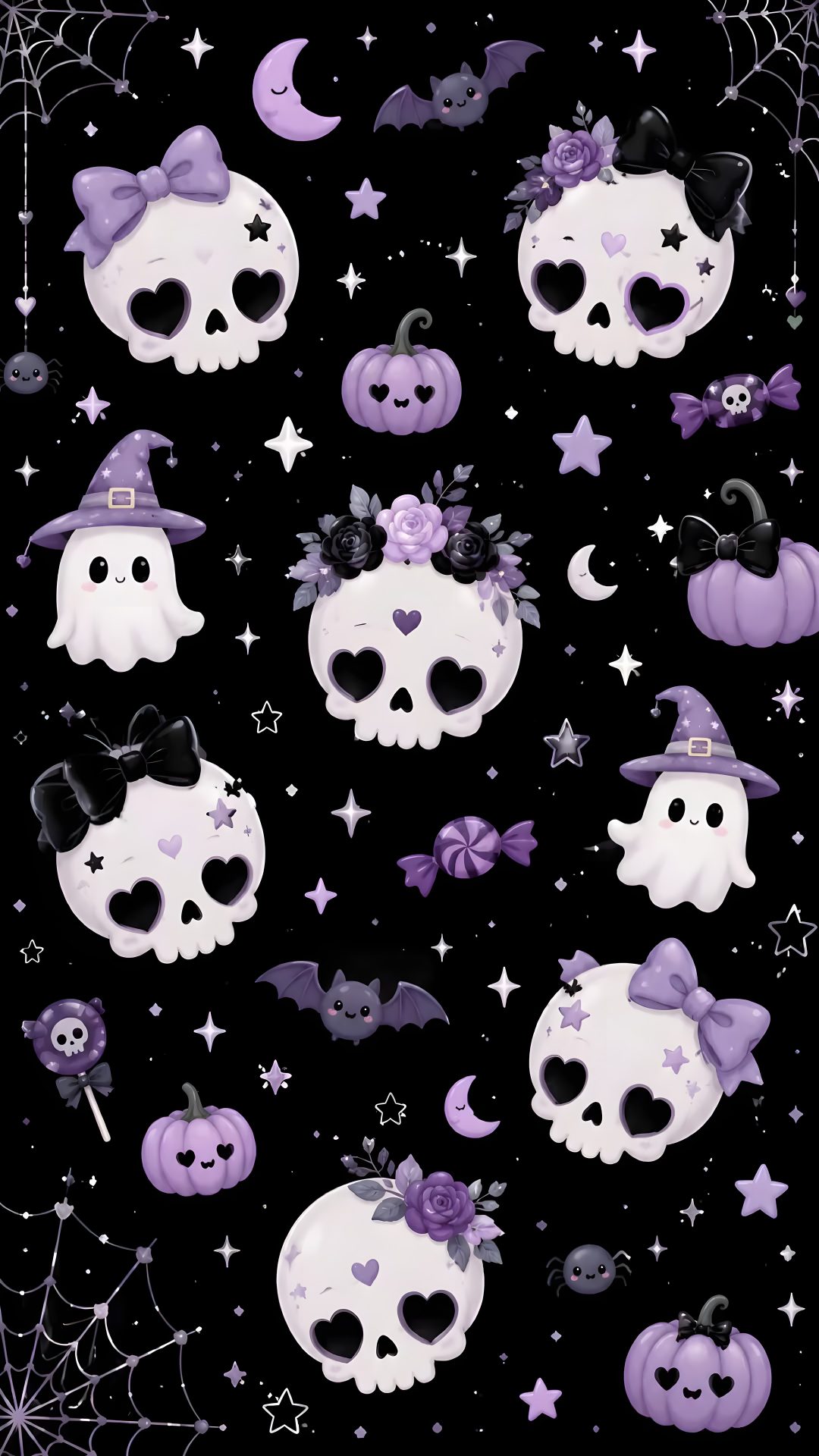 a black background with skulls and bats on it Pastel Goth Halloween black